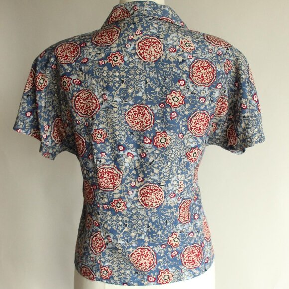Vintage 1990s 2000s Silk Blouse, First Edition by Liz Claiborne Blue Red and Tan - Picture 9 of 10